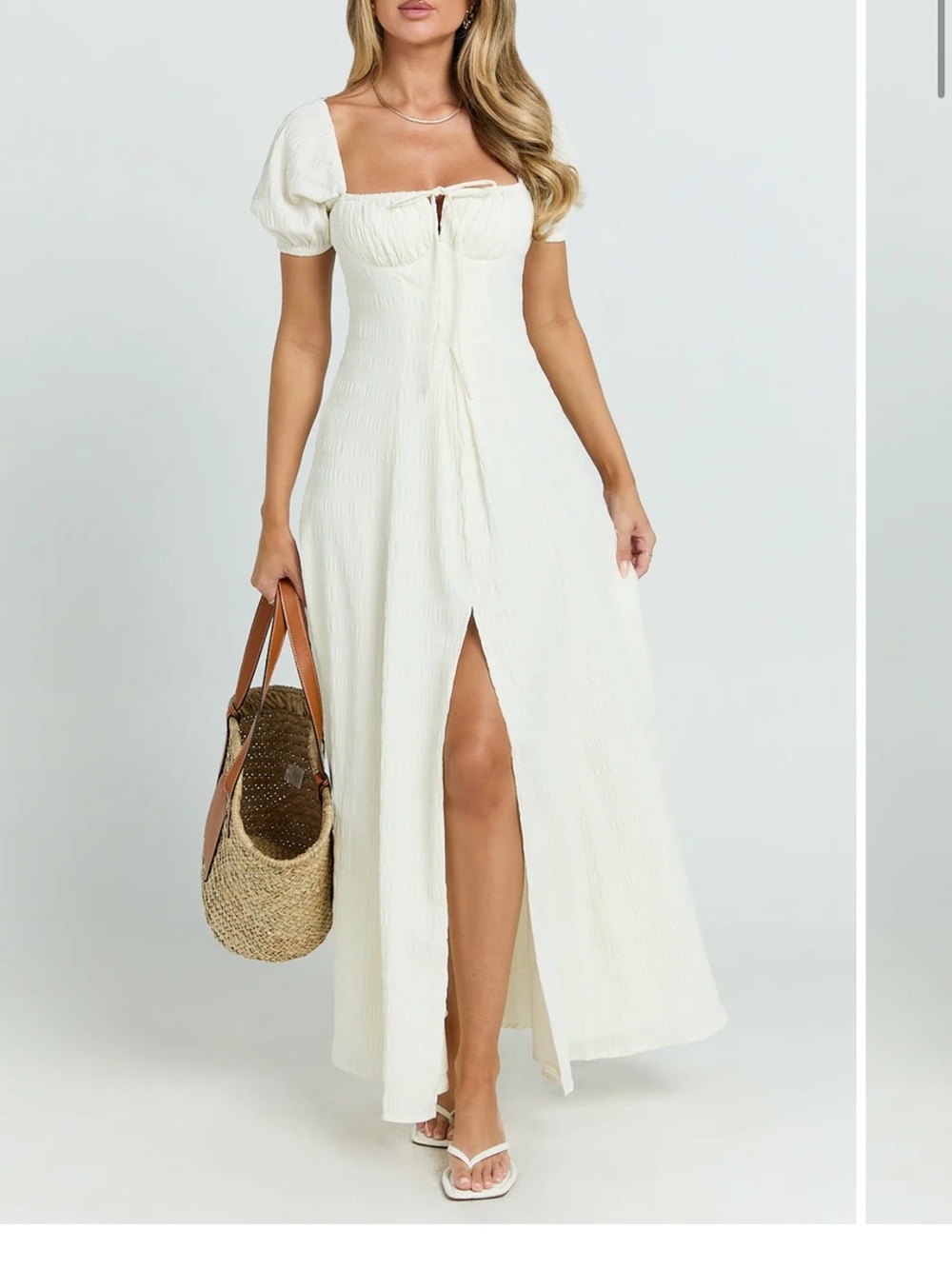 NWT Showpo Women's Off -White Puff-Sleeve Maxi Dress with Front Slit size 6